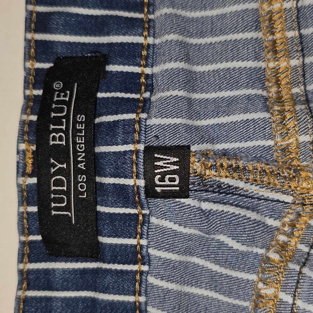 Judy Blue Blue & White Striped Super Flare Raw Hem Jeans Womens Size 16W - Picture 10 of 16